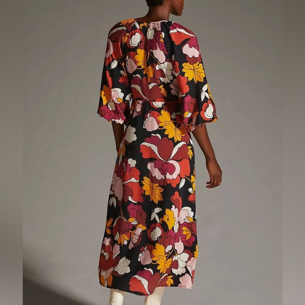 Anthropologie Maeve Deep-V Ruched Floral Multicolor Midi Dress - Picture 2 of 7